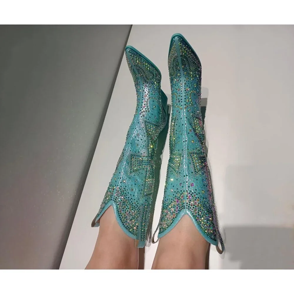 Women's Blue Fashion Rhinestone Cross Western Knee-High Cowboy Boots